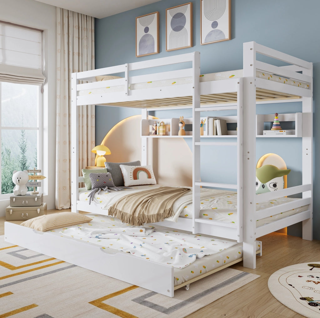 Letto a castello per bambini con letto estraibile; mensola da 2 m e scala; bianco 90x200 cm