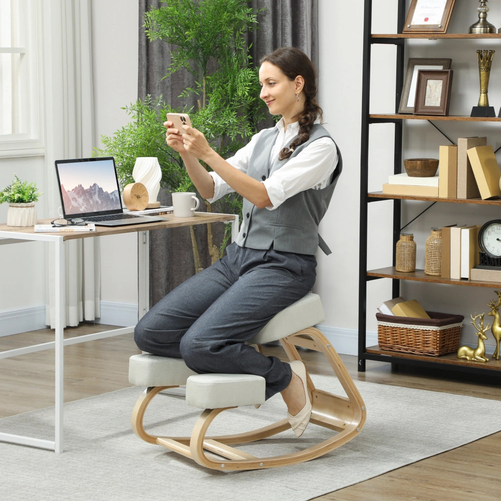 Sedia Ergonomica con Inginocchiatoio in Legno di Betulla e Cuscino, 51x69x58 cm, Crema
