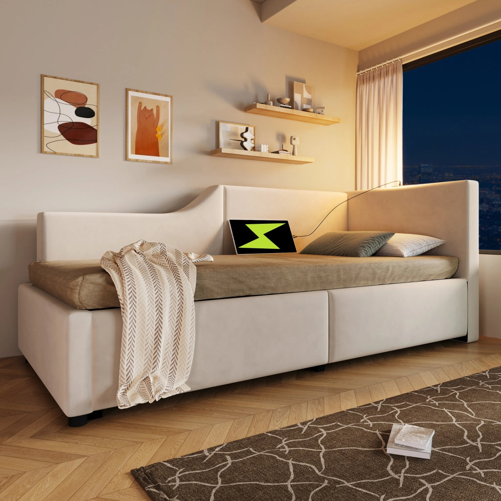 Letto a giorno 90x190 cm con contenitore; luce da lettura e USB C; velluto beige