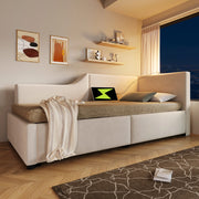Letto a giorno 90x190 cm con contenitore; luce da lettura e USB C; velluto beige