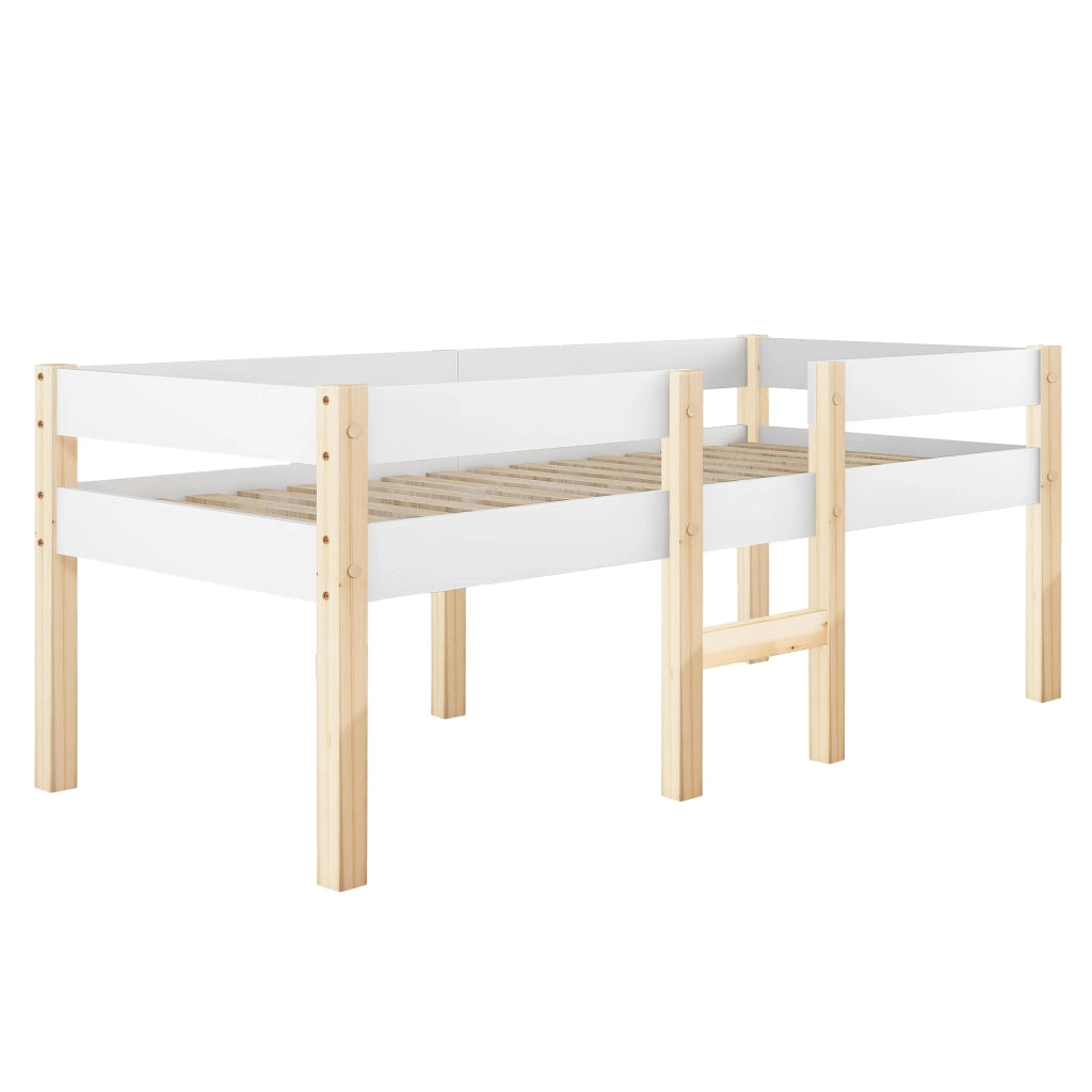 OKWISH Letto Bambino Mezza Altezza 90×200 cm con Sponda e Scala, senza Materasso, in Legno Massello - Bianco
