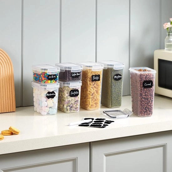 Bacche a Secco per Cibo con Tappi Universali, Organizzatore per Contenitori a Scadenzario con Pennello per Etichette per Granola Zucchero Cibo in Cassetto per Cucina Ordinatore BPA Inerte