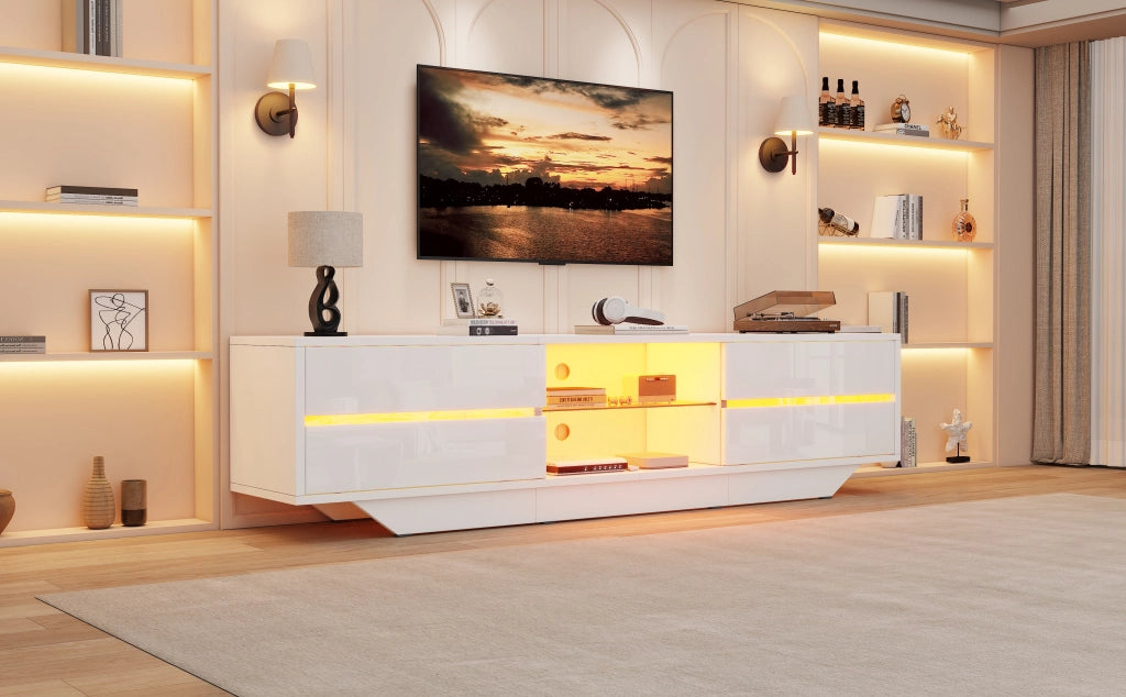Mobile porta TV con LED e 2 ante 4 vani e ripiano in vetro regolabile per soggiorno bianco 160 × 35 × 44,5 cm