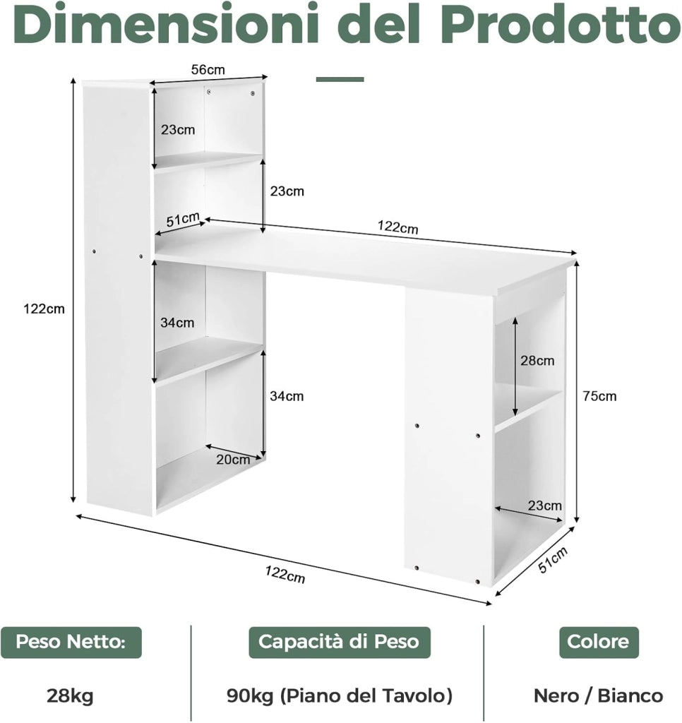 Scrivania per Computer con Libreria, Scrivania Salvaspazio Moderna con 6 Ripiani e Base Ampia, Scrivania Porta PC Moderna per Casa e Ufficio, 122 cm x 51 cm x 122 cm (Bianco)