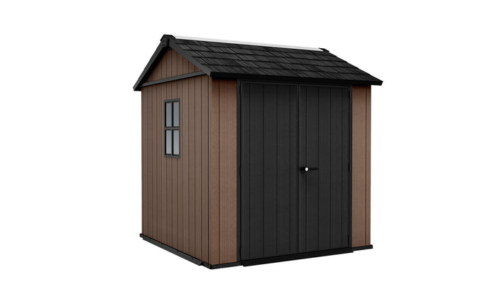 Casetta Box da Giardino 230x223,8x246 cm Newton Plus 757/775 Doppia Opzione Montaggio in Resina Evotech+ Marrone