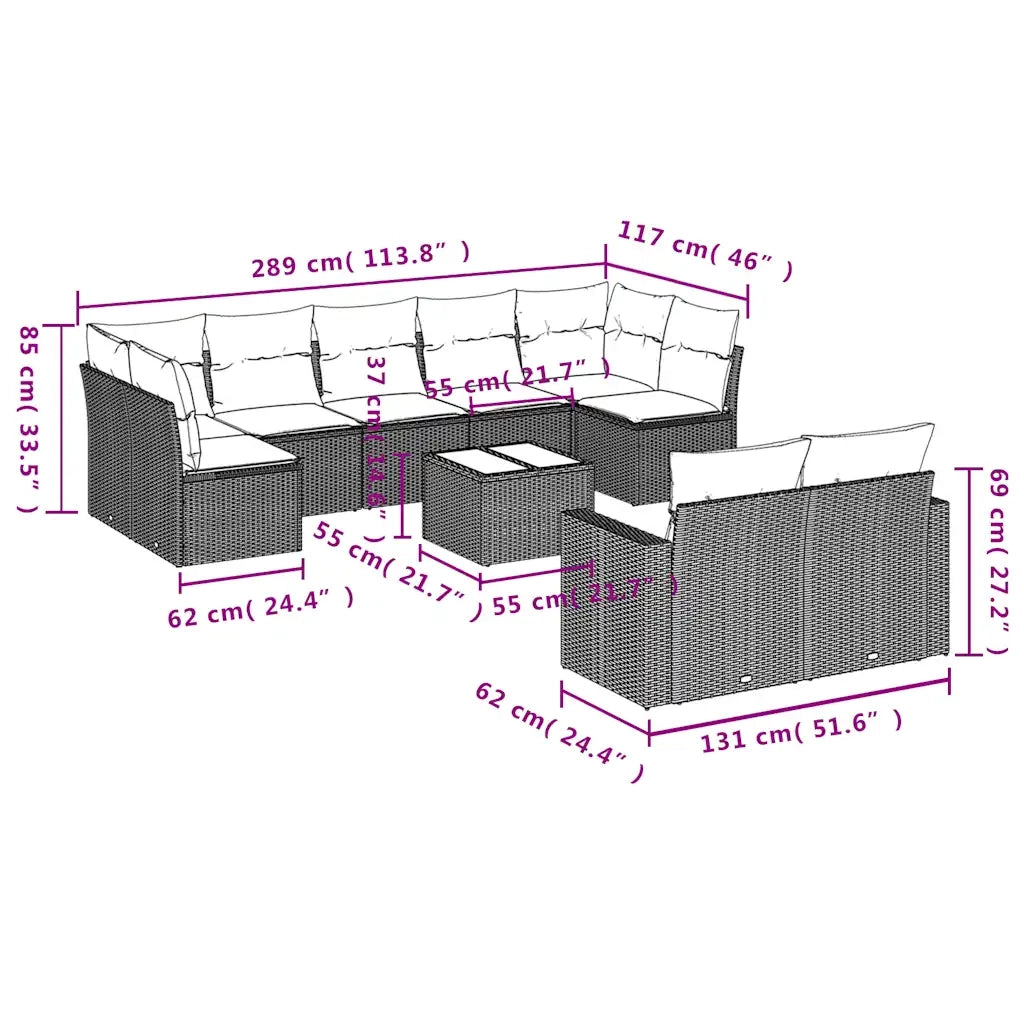 Set Divani da Giardino 10 pz con Cuscini Grigio in Polyrattan