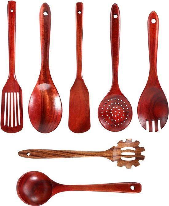 Set di utensili in legno per la cucina, set di 7 pezzi in teak naturale.