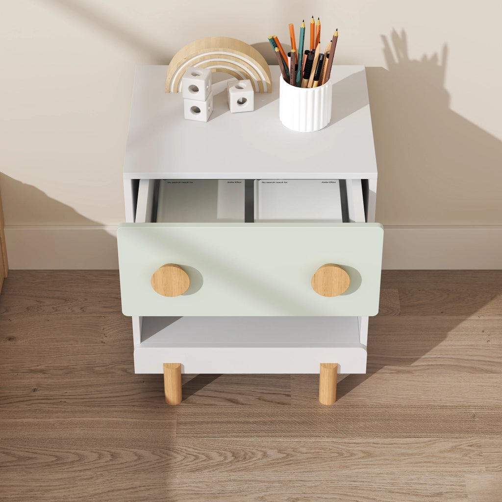 Comodino per Cameretta Vaarentaa con Cassetto e Scomparto Aperto 47x40x35 cm - Bianco/Verde Menta [en.casa]