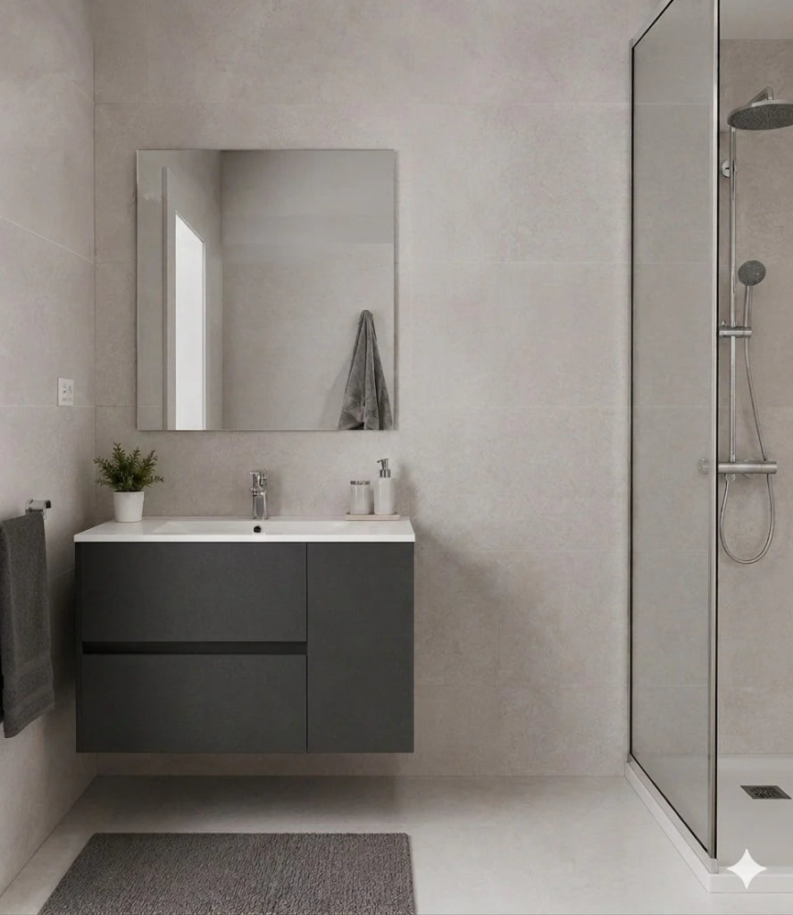 Mobile Bagno HEIMDALL Già Montato 2 cassetti e porta, lavabo e specchio Grafite 90x45 cm