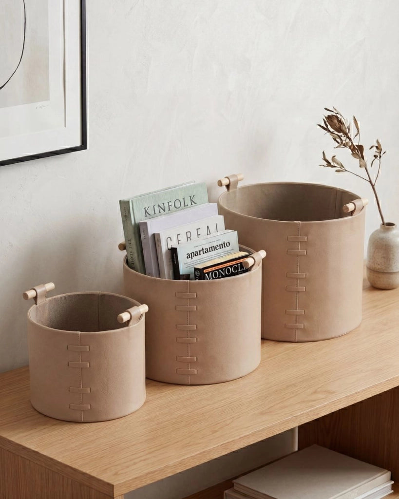 Set di 3 cesti portaoggetti fatti a mano con manici in ecopelle beige