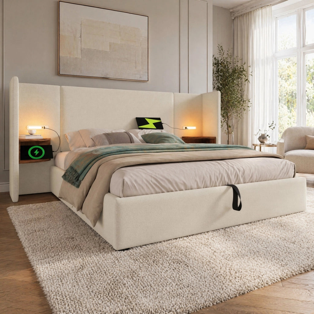 LETTO Contenitore 180x200 cm Beige in lino con testiera multifunzione e luci