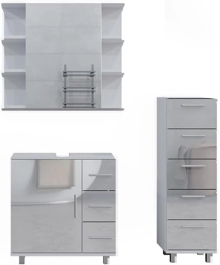 Set mobili bagno Ilias, Bianco lucido, 60 cm, composto da mobile sottolavabo, specchiera e mobile medio