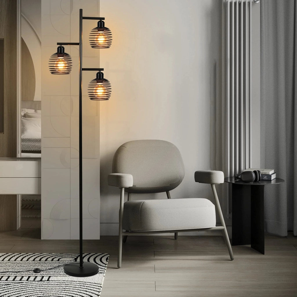 ZMH Lampada da terra vintage E27 nera tre luci interruttore a pedale soggiorno camera senza lampadine