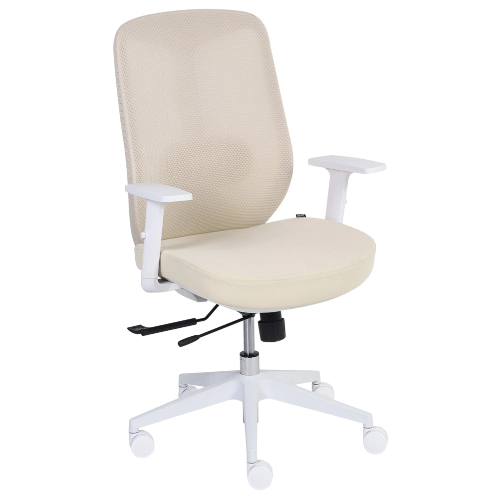 Sedia da ufficio in tessuto a rete beige con supporto lombare, braccioli regolabili e sedile scorrevole