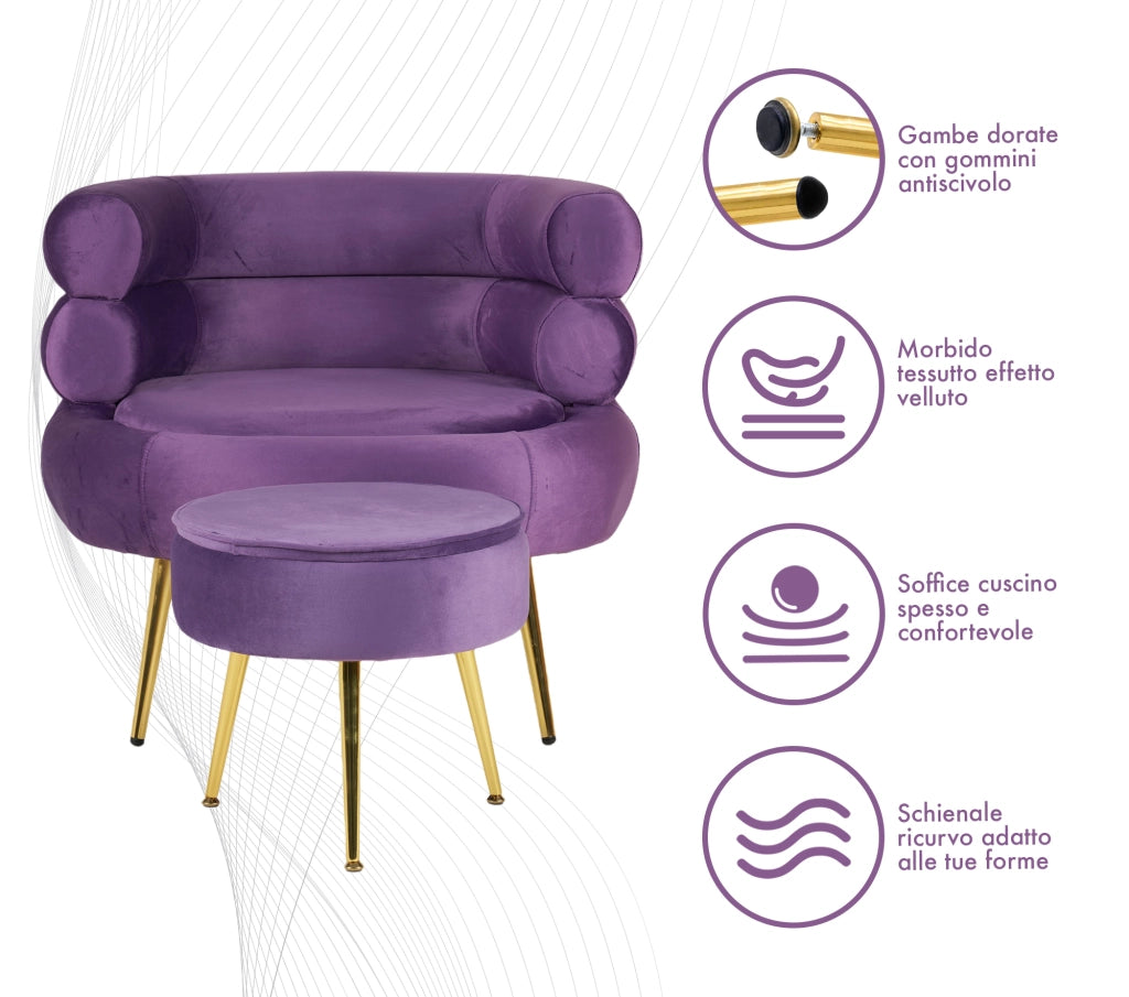 Poltrona Camera da Letto e Salotto in Velluto con Poggiapiedi Contenitore - Poltroncina Relax Moderna con Gambe in Metallo Placcato Oro - Design Moderno, Seduta Morbida con Cuscino - Sedia in Velluto - Viola