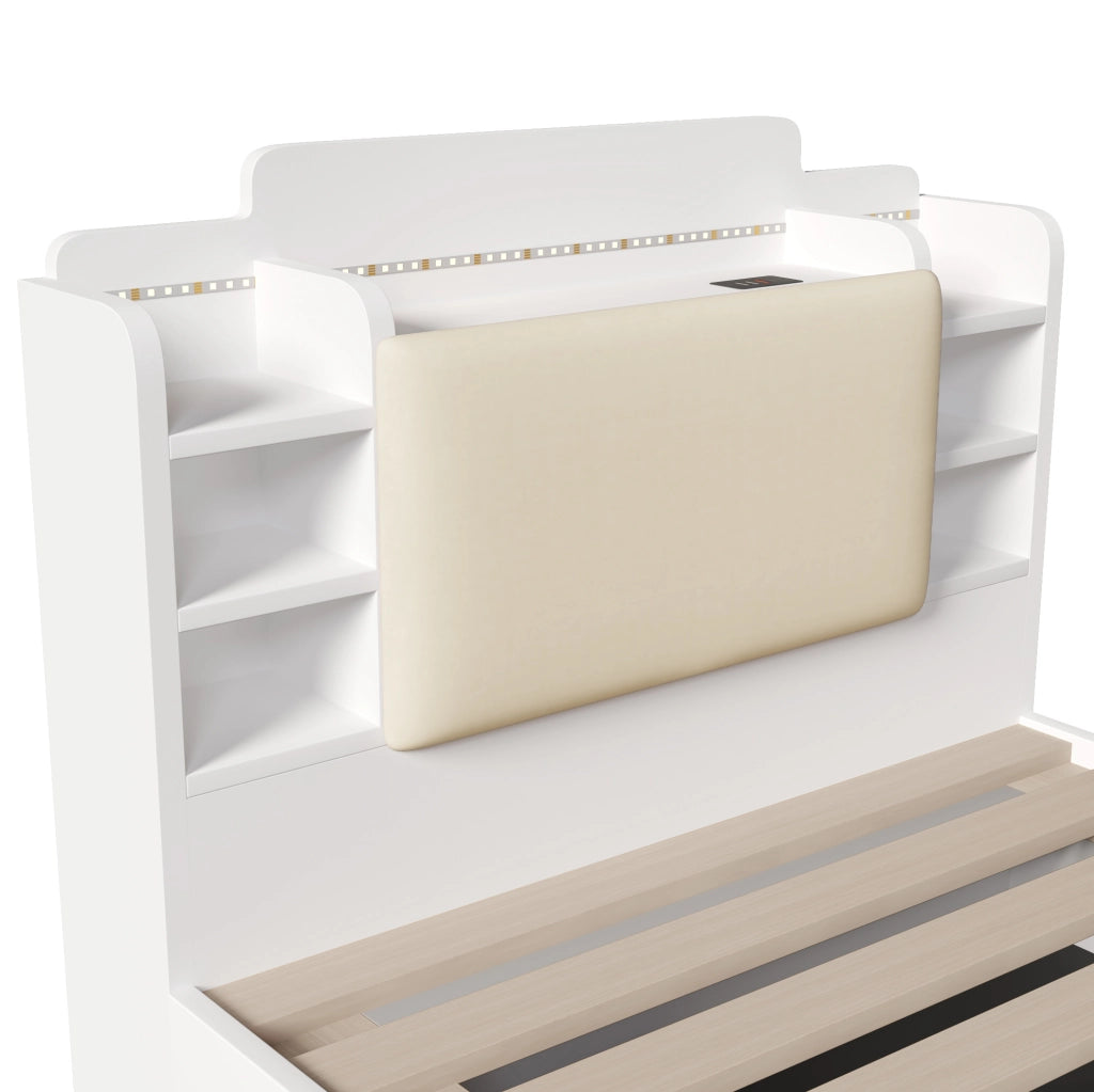 Letto singolo contenitore 90x200 cm in legno di pino bianco con LED; USB e USB-C