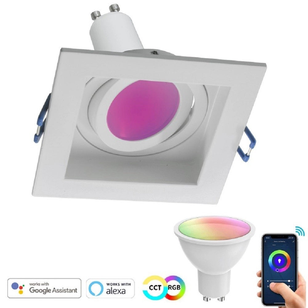 Trade Shop - Faretto Led Incasso Quadrato Smart Alexa Google Lampada Gu10 5w Wifi Rgb Cct 9cm - Bianco