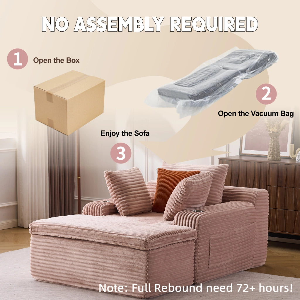Divano modulare boneless con chaise longue cuscini e portabicchieri senza montaggio per salotto in velluto a coste rosa