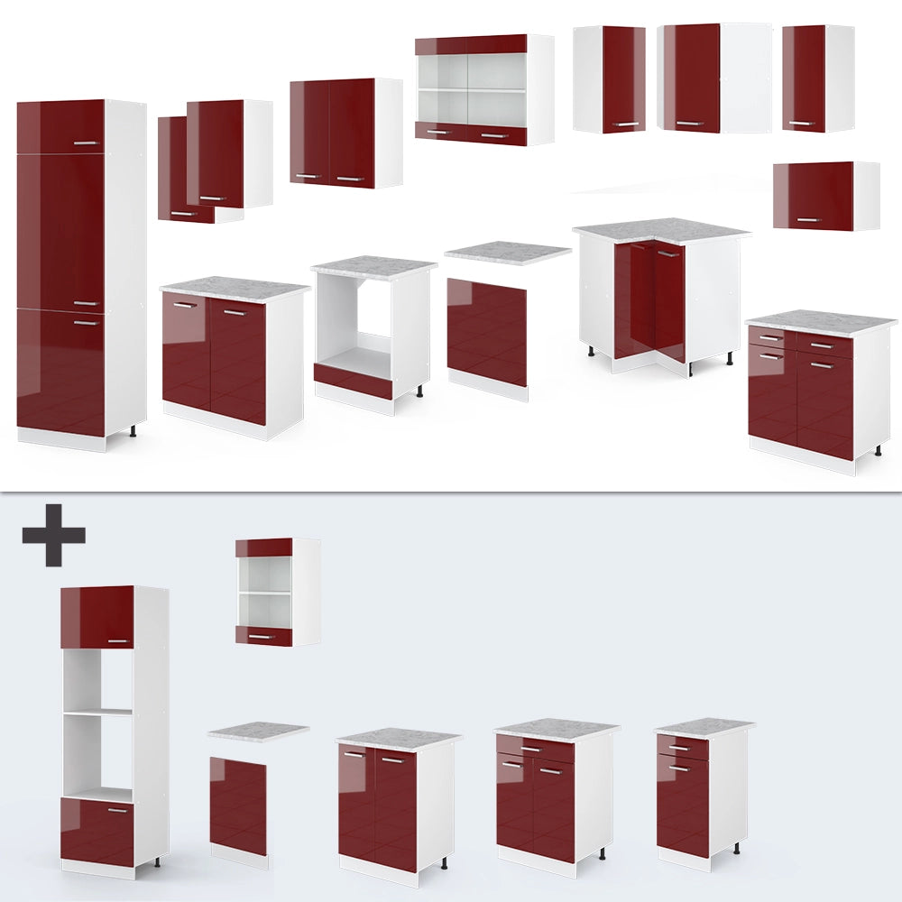 Cucina angolare completa R-Line Rosso lucido/Bianco 287 x 227 cm, PL Rovere Vicco