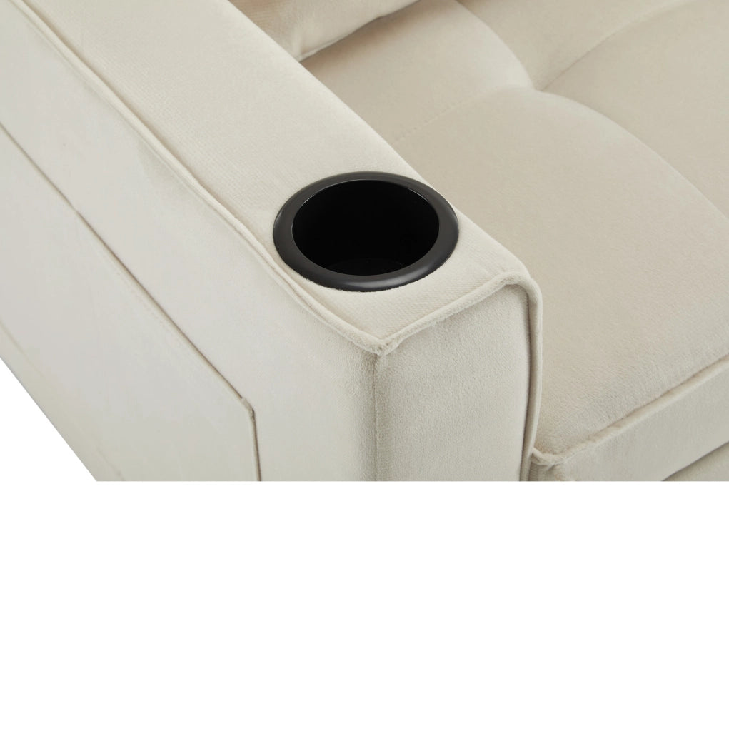 Divano letto multifunzione con portabicchieri e tasche in velluto beige