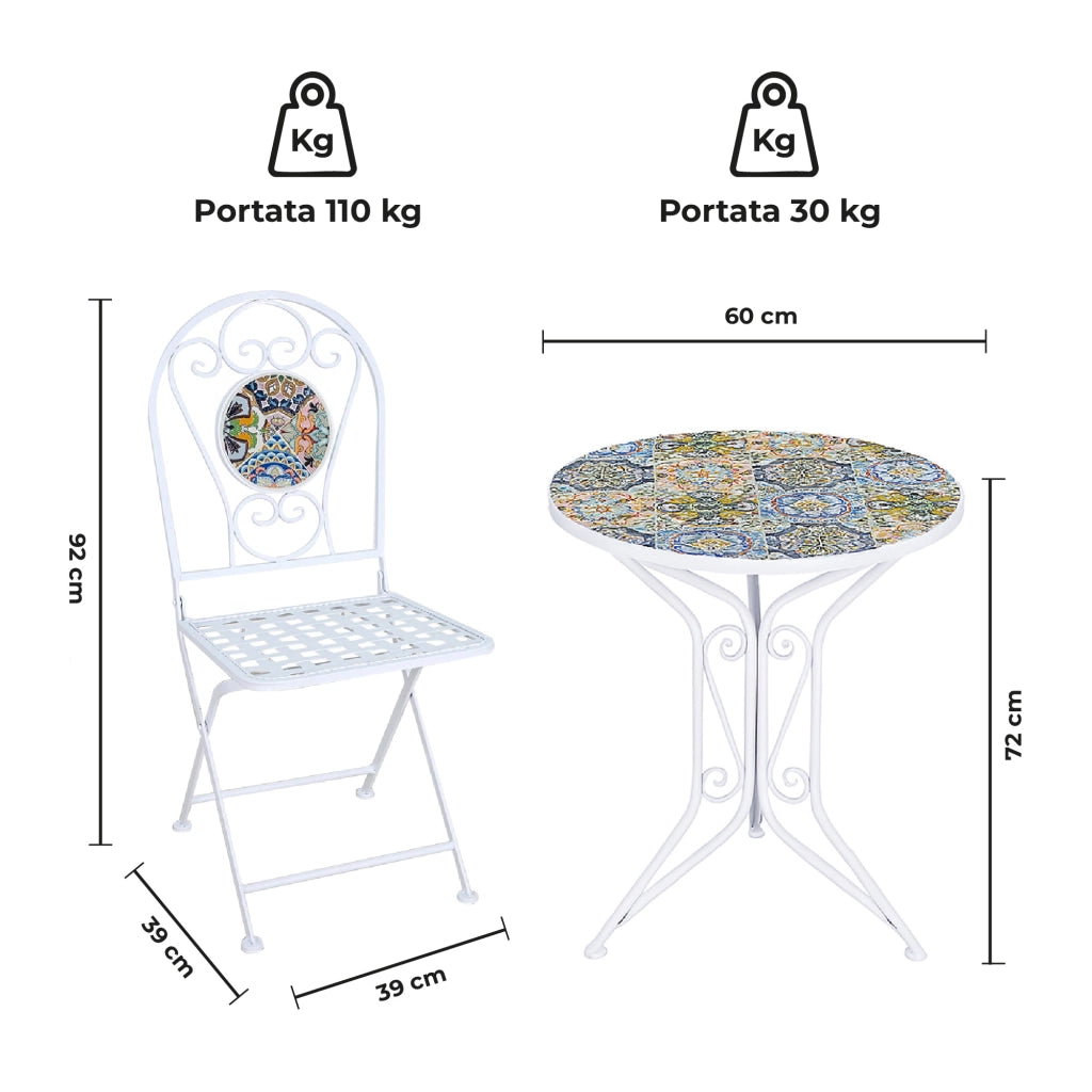 Set Bistrot Tavolino Con 2 Sedie Con Mosaico In Ceramica Per Esterno Terrazzo Giardino Pieghevoli Patio Casa,Bar,Ristoranti,Mobili Giardino Mod-Sciacca