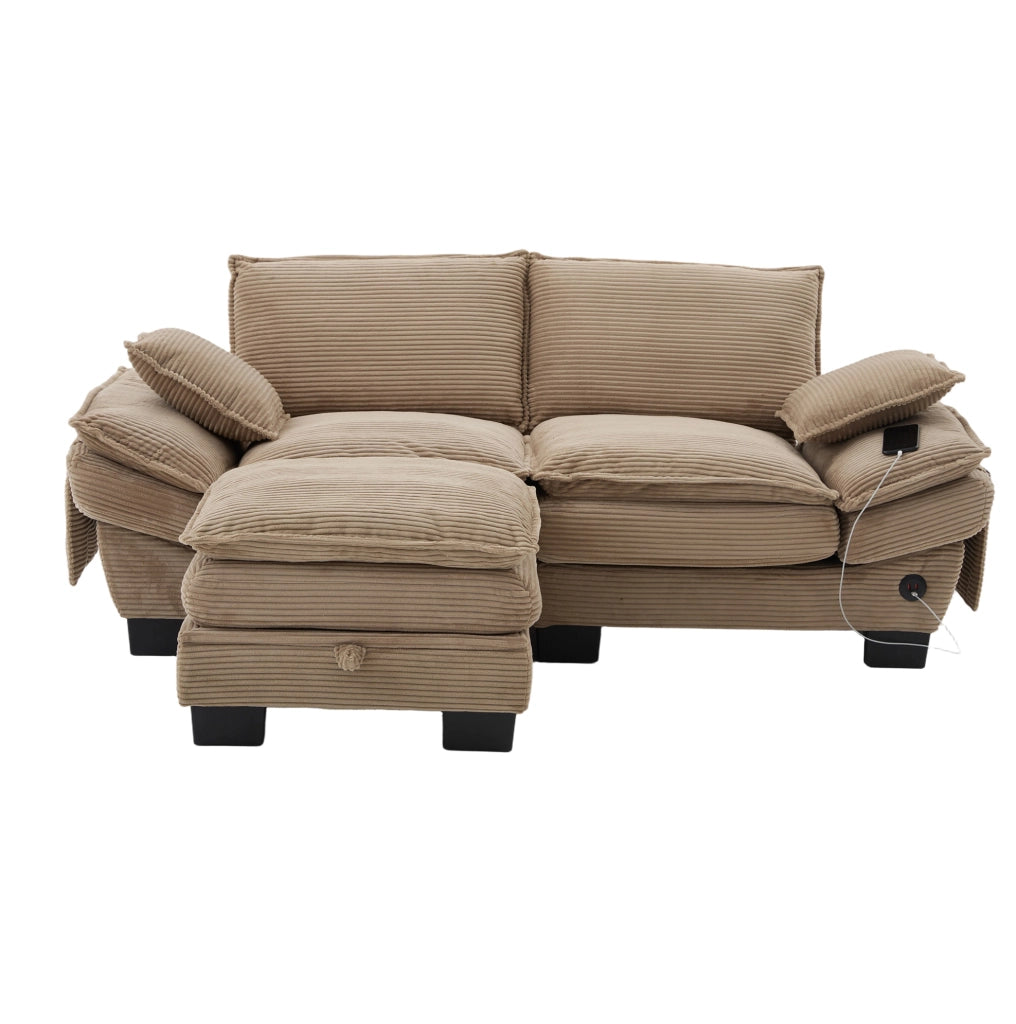 Divano 2 posti con pouf contenitore; USB-C; tessuto corduroy khaki; 190 cm
