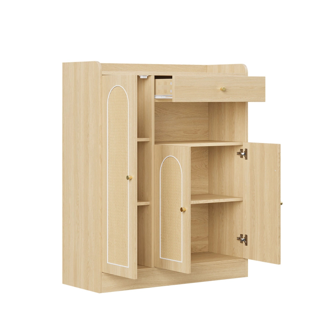 Armadio portascarpe in rattan con 1 cassetto e 3 ante, struttura in MDF e truciolare, colore naturale, 90 x 35 x 110 cm