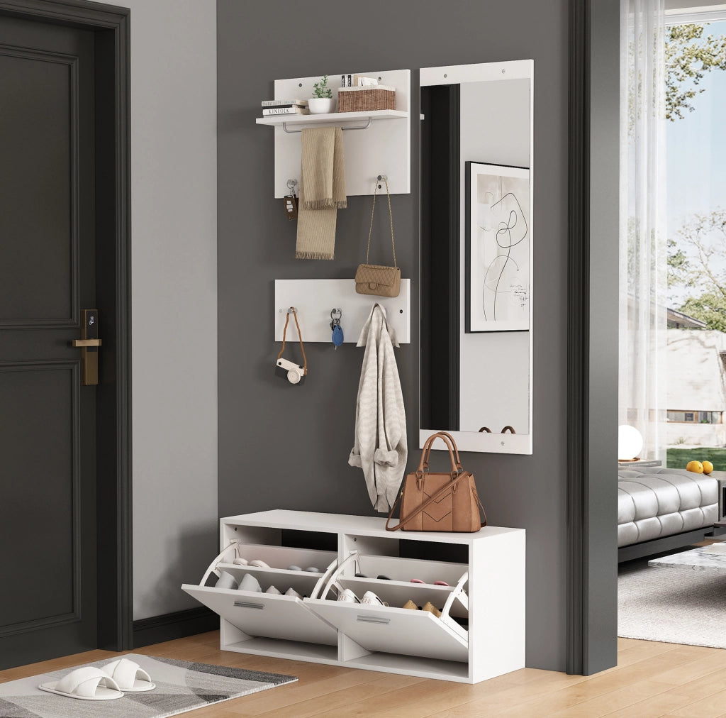 Set ingresso 4 pezzi con specchio; scarpiera a doppio livello 90x30x41;5 cm; bianco