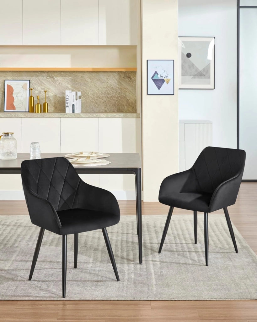 Set di 2 Sedie per Sala da Pranzo Imbottita, Poltroncina in Velluto,Sedia da Cucina con Braccioli e Schienale, Gambe in Metallo, Nero, BH352sz-2