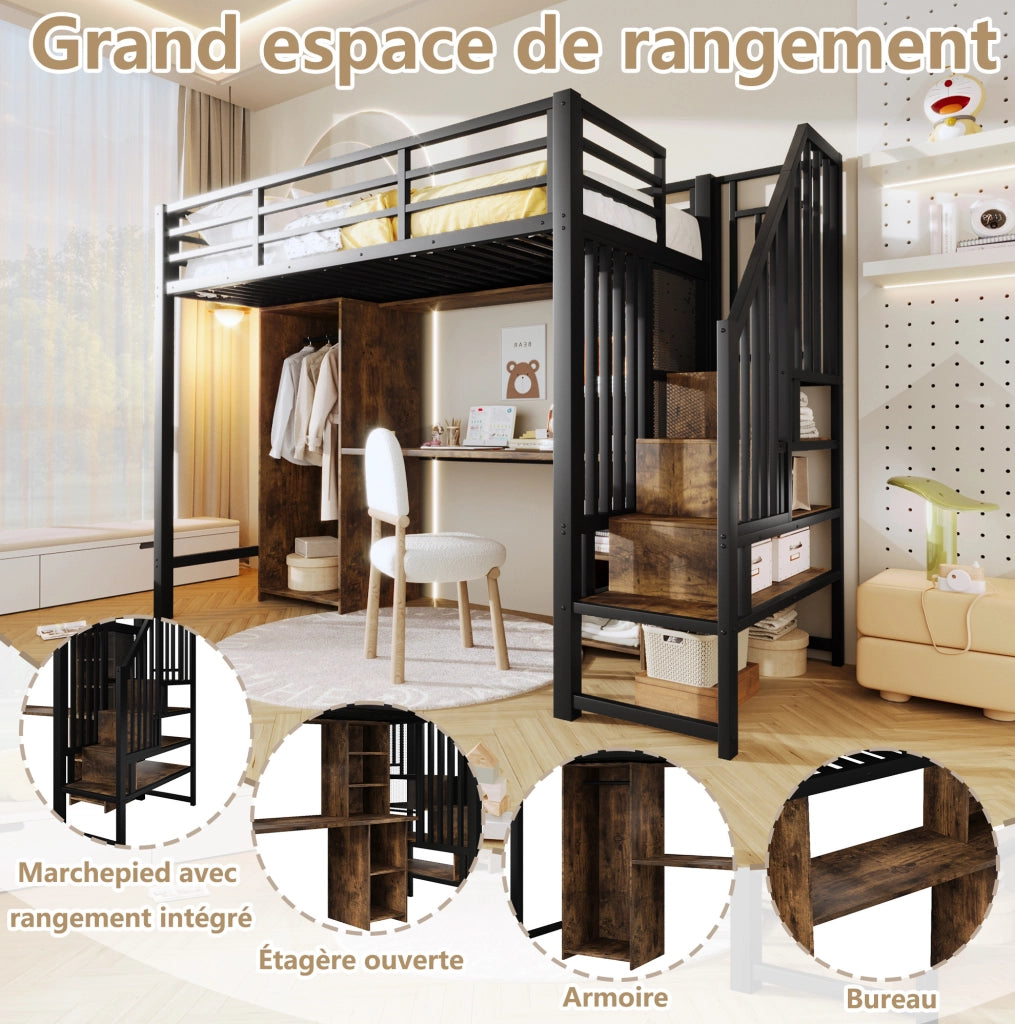 Letto a soppalco 90x200 cm con armadio; scrivania e gradini contenitore in metallo e MDF nero