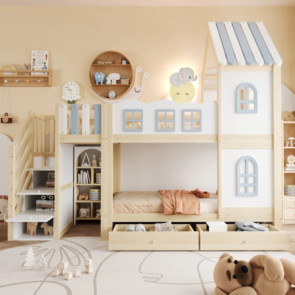 Letto a Castello 90x200 cm; Letto 2 Posti - Casetta con Finestre; Scala contenitore - Bianco