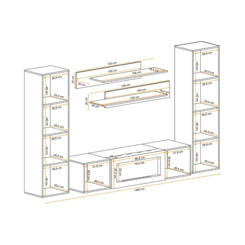 Composizione murale FLY – Rovere chiaro – Mobile TV, vetrine, scaffali – Camino bio-etanolo integrato