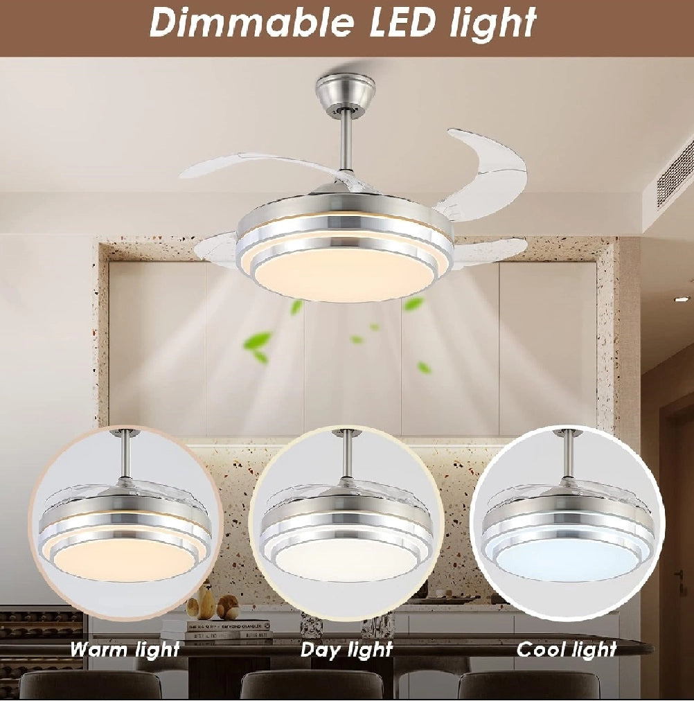 Ventilatore da Soffitto 68W Luce Led 4Pale Richiudibili Dimmerabile Telecomando