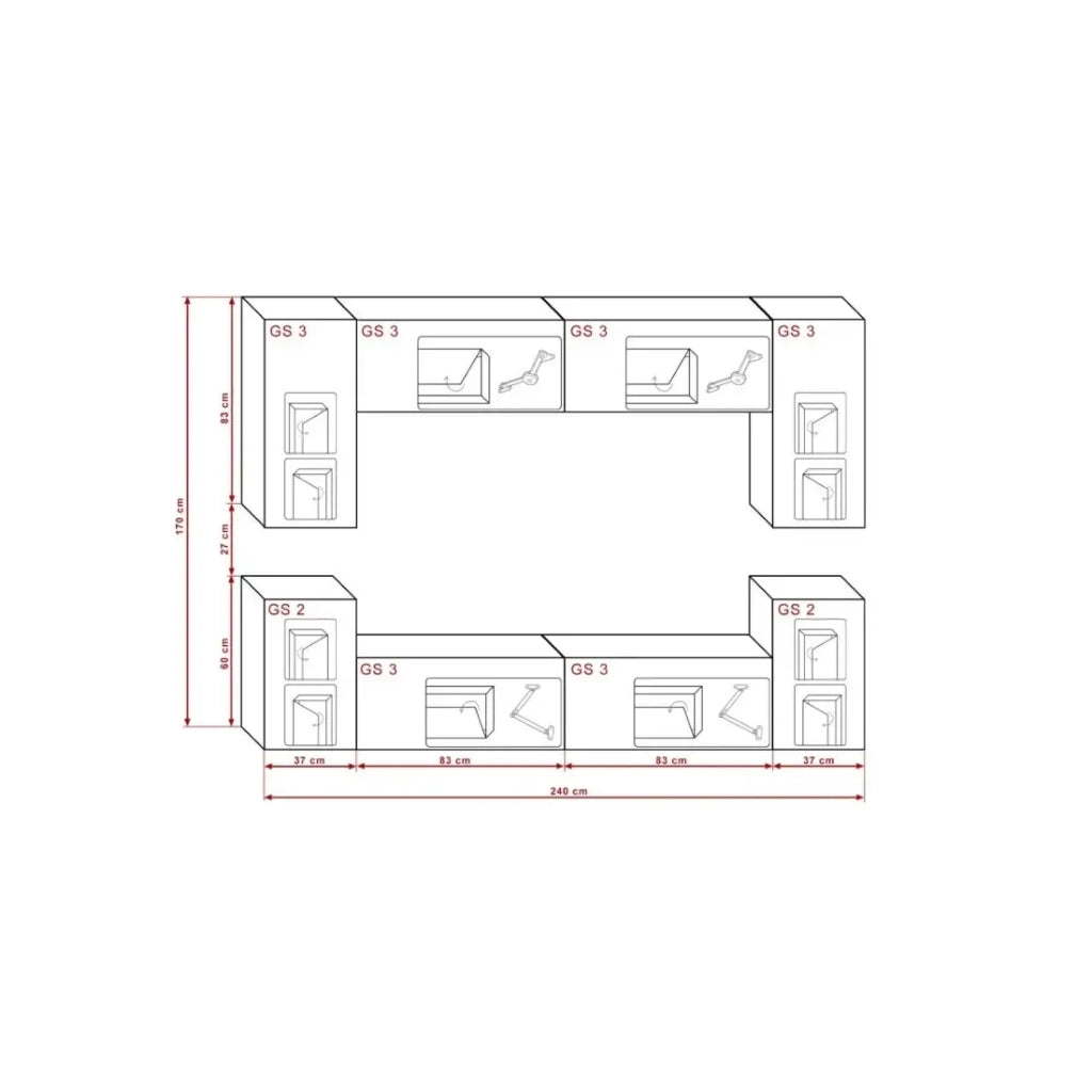 Set di mobili da soggiorno bianchi sospesi collezione CEPTO I 240cm, 8 porte, 6 scaffali, led.