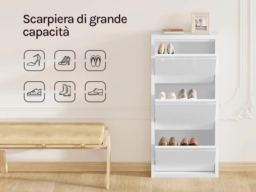 Scarpiera a Ribalta, Scarpiera da Ingresso, Porta Scarpe a 3 Cassetti, Armadio per Scarpe, Bianca Verticale, per Corridoio, Camera da Letto, in Metallo