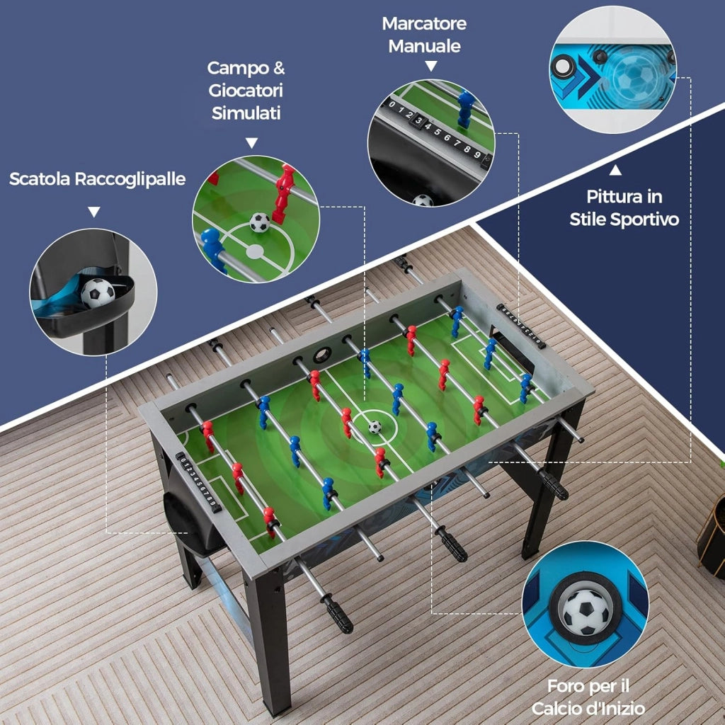 Calcio Balilla per Bambini e Adulti, Tavolo da Calcio con 2 Palloni, Manico Liscia, 18 Giocatori Realistici, Mini Calcetto con Versatile per Sala Giochi, Ufficio e Festa, 95 x 53,5 x 76,5 cm