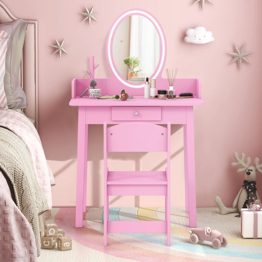 Set di trucco per bambini con specchio sedia illuminazione a LED a 2 colori, Tavolo da trucco per ragazze Rosa-Toelette per bimbi