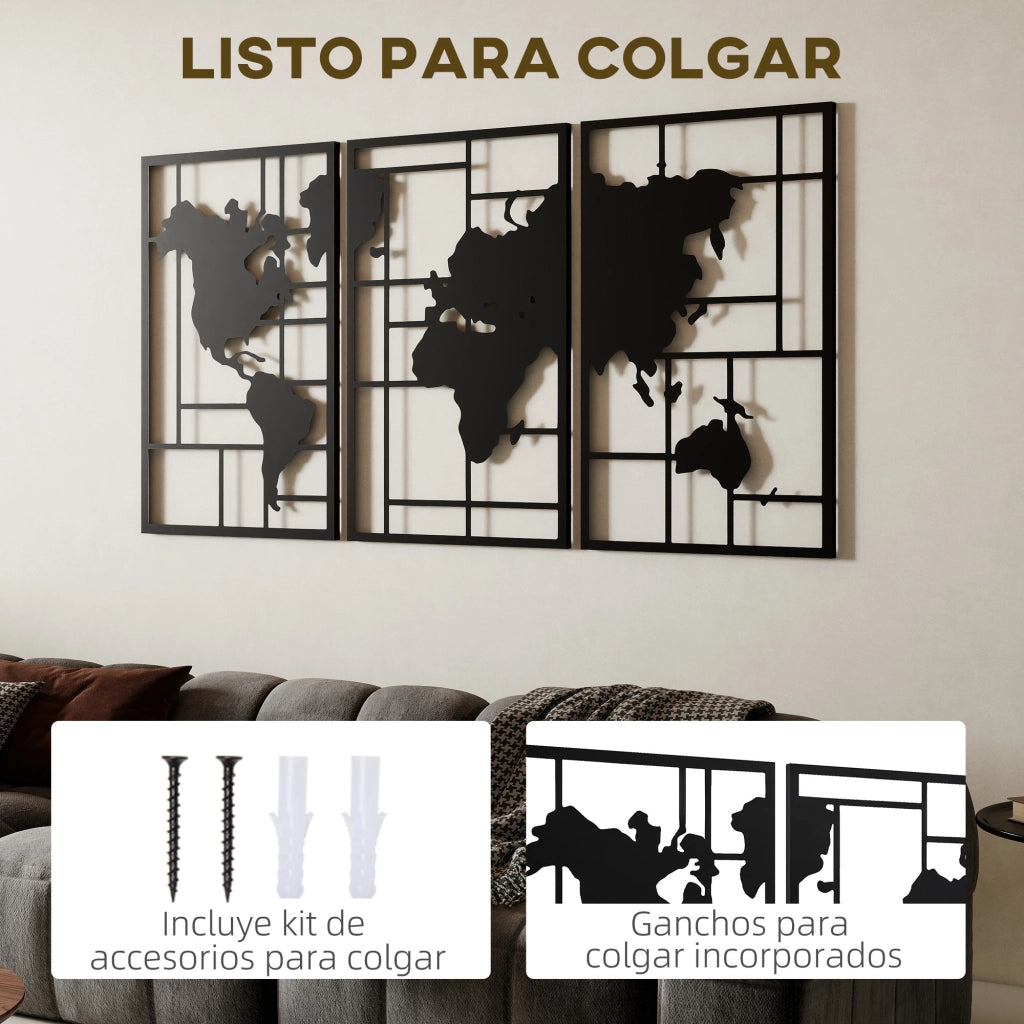 Mappa Mondo in 3 Pezzi per Parete ¨C zephmum ¨C Nero 60x40 cm