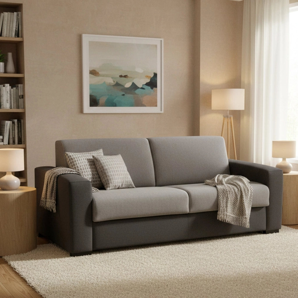 Divano Letto Akito, Divano a 2 posti Large, Made in Italy, SofÒ  Soggiorno con apertura girevole, in tessuto imbottito, con Braccioli slim, cm 180x95h90, Grigio e Antracite