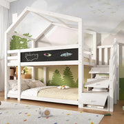 OKWISH Letto a Castello a Casetta 90×200 cm, Letto Singolo con Contenitore, Cassetti e Lavagna, con Barriera, senza Materasso, Bianco