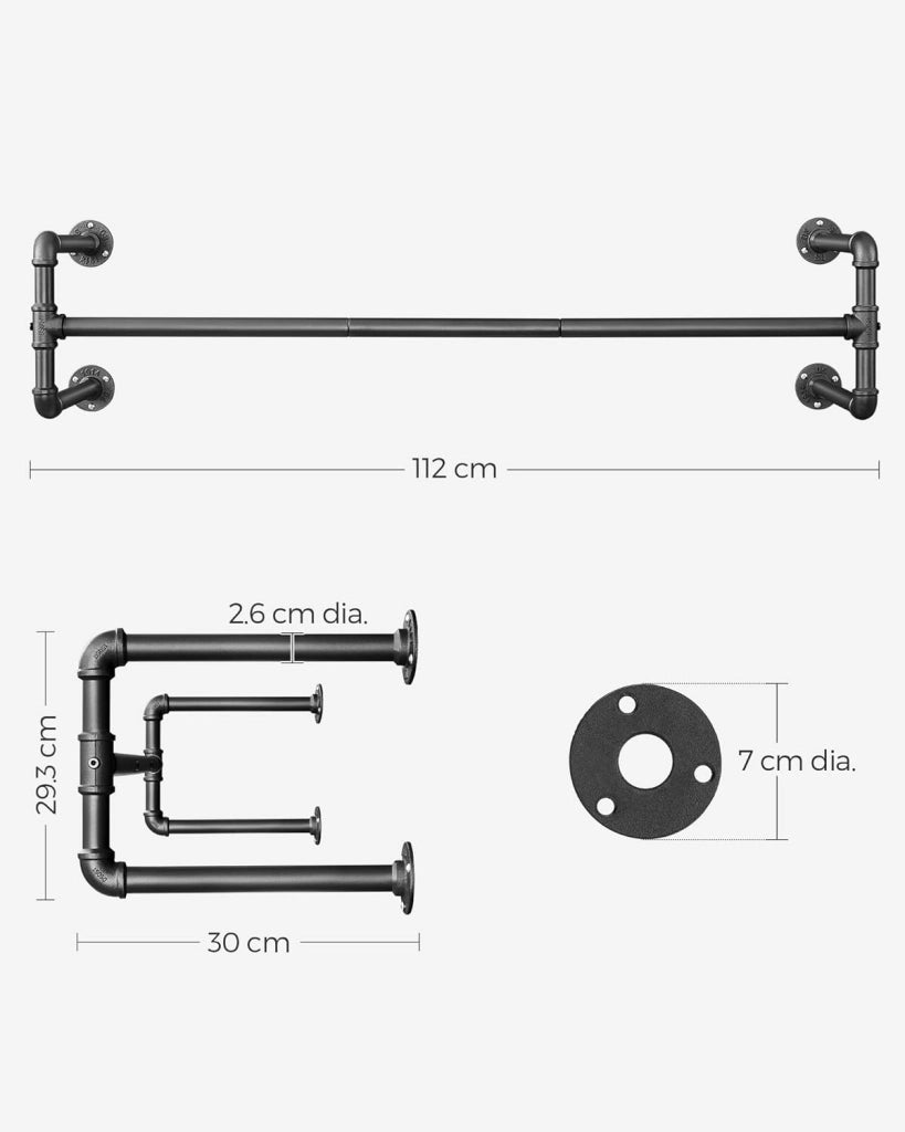 Attaccapanni da Muro, Barra Appendiabiti da Parete a Tubo, Stile Industriale, Salvaspazio, 30 x 112 x 29,3 cm, Portata di 60 kg, Montaggio Facile, per Spazio Stretto, Nero HSR64BK