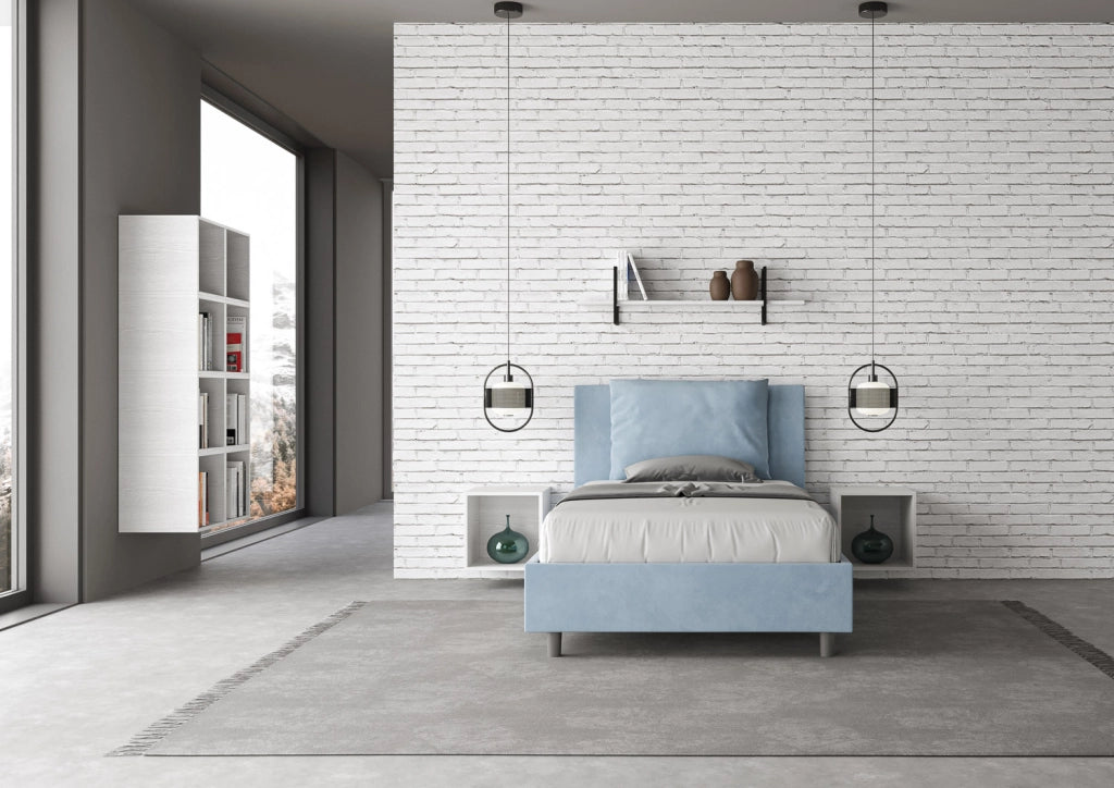 BS COM Letto una piazza e mezza con rete imbottito 120x210 microfibra azzurro