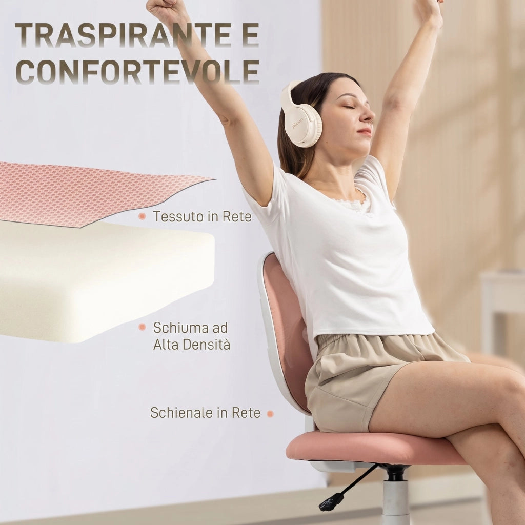 Sedia da Ufficio Ergonomica Girevole 53x59,5x81-89 cm Senza Braccioli in Tessuto a Rete Traspirante Rosa