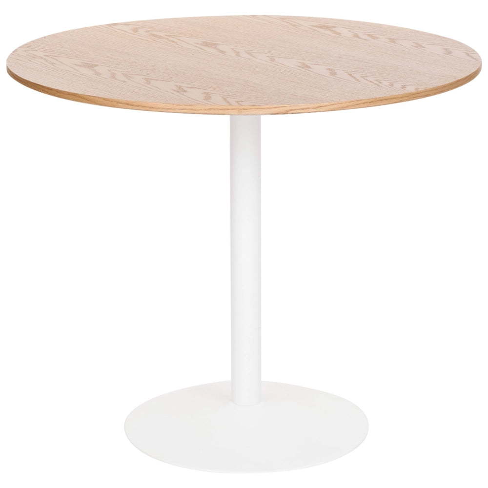 Tavolo da pranzo e da cucina rotondo in stile boho con piano in MDF (ø 90 cm), base in ferro verniciata a polvere e impiallacciatura in rovere chiaro