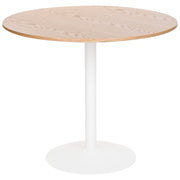 Tavolo da pranzo e da cucina rotondo in stile boho con piano in MDF (ø 90 cm), base in ferro verniciata a polvere e impiallacciatura in rovere chiaro