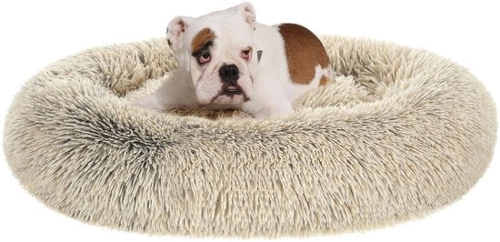 Letto per Cani e Gatti, Cuscino a Donut, Piumino Lungo, 90 cm di Diametro, Ombre-Khaki, PGW041S01