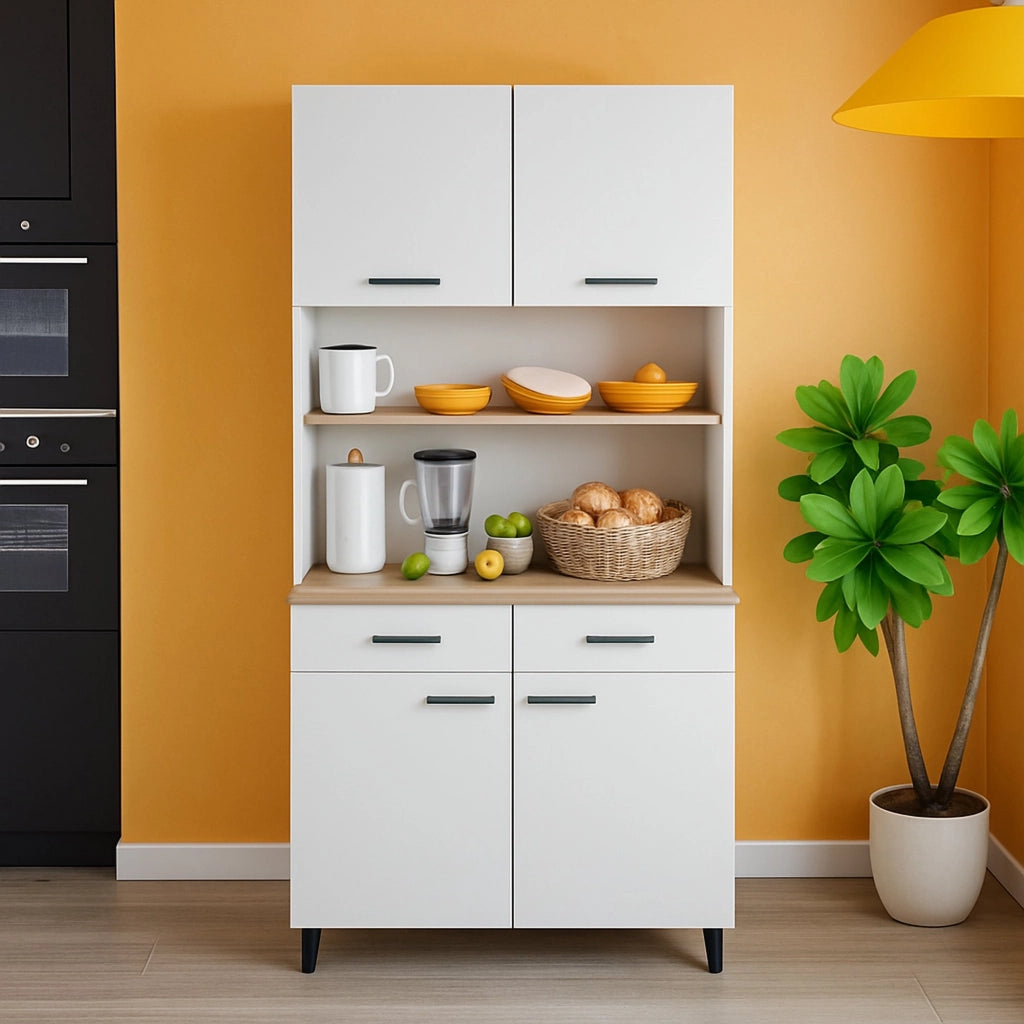 Credenza Florent, Buffet da soggiorno, Madia da salotto, Dispensa da cucina, 72x40 h185 cm, Bianco e Rovere