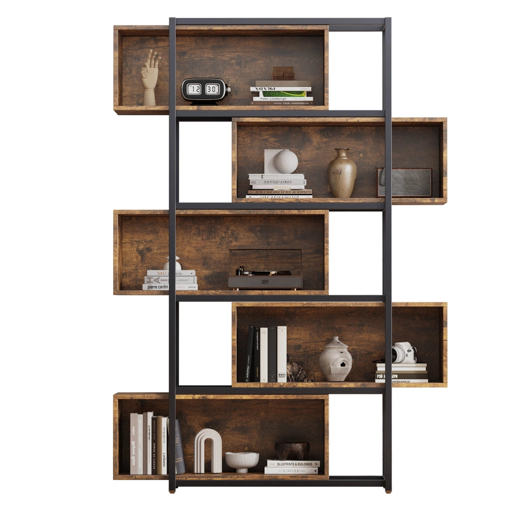 Libreria a 5 ripiani in MDF marrone e nero 121x35x176 cm con sistema antiribaltamento