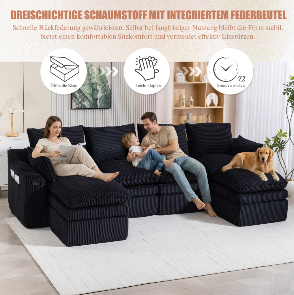 Divano modulare 4 posti in velluto con 2 pouf, cuscini e tasche laterali, schiuma a tre strati con molle, colore nero