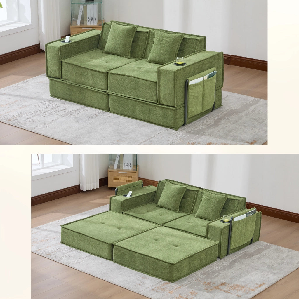 Divano modulare imbottito in ciniglia verde con tasche laterali e due cuscini 162 × 78 × 66 cm